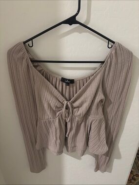 Lulu's Taupe Ribbed Tie-Front Peplum Long Sleeve Top